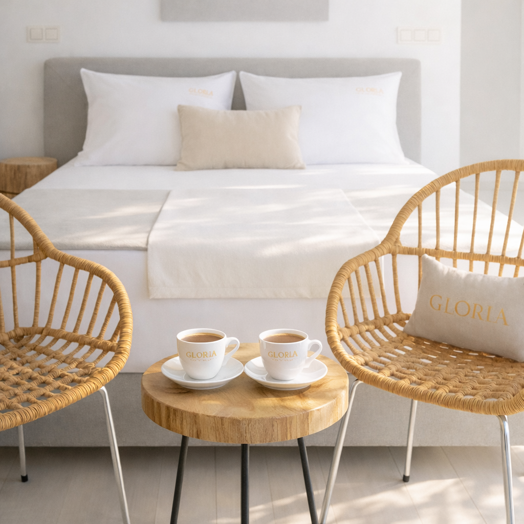 Private terrace with rattan chairs, champagne and Aegean Sea view