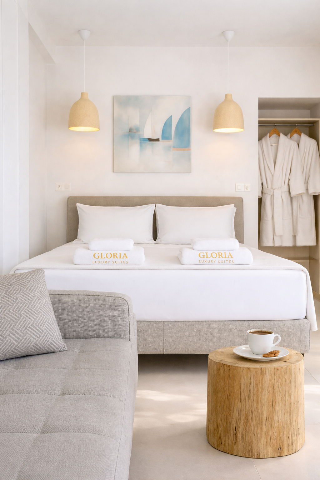 Queen bed with Gloria robes and pendant lights